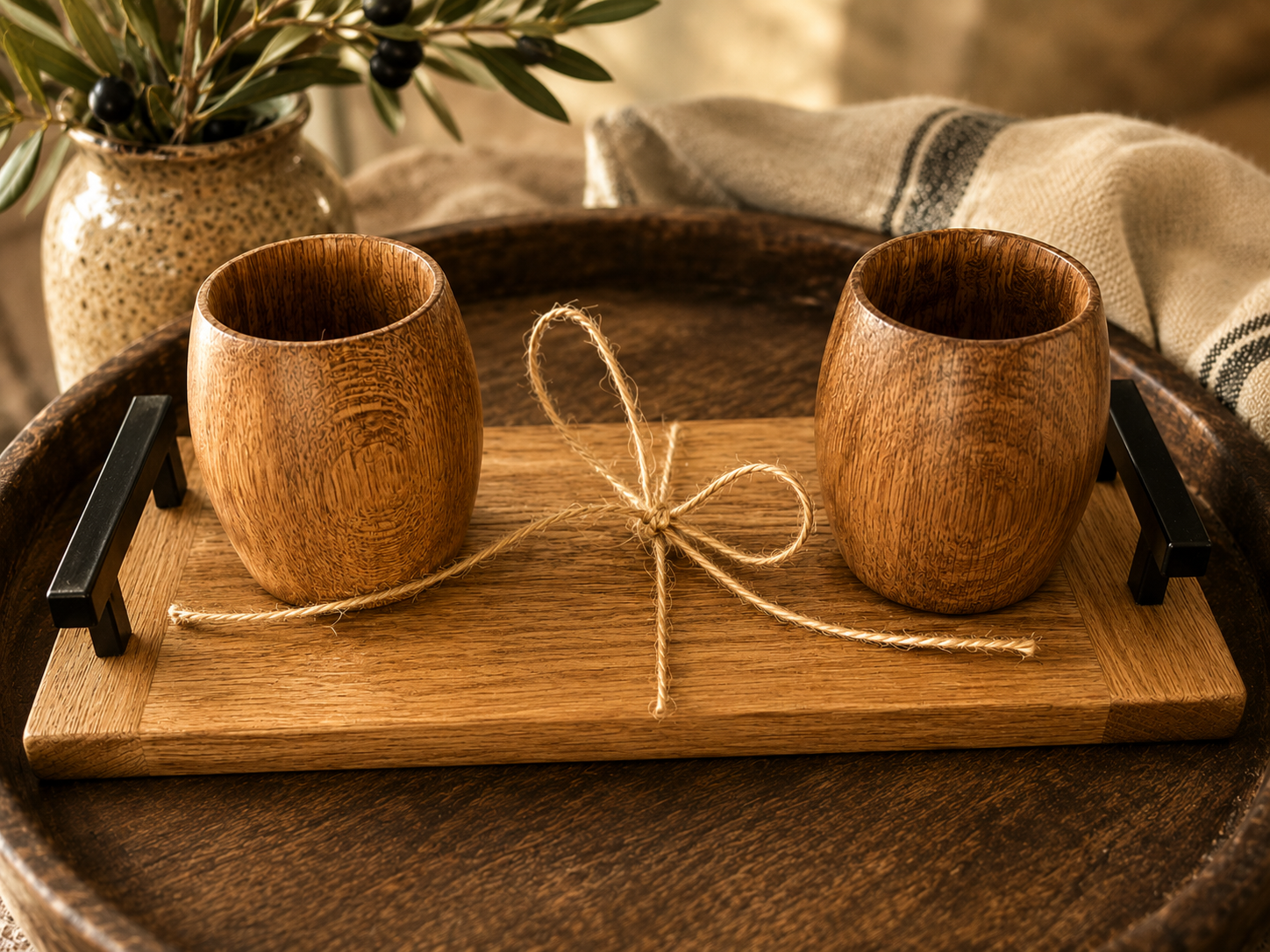 Whiskey bottle holder and cups